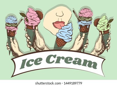 Vector illustration of sketch hand drawn  poster of human hand holds and lick sweet ice cream in vintage engraving style. Retro baner, logo, shop, badges, label. Italian gelato dessert. 