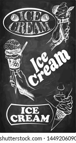 Vector illustration of sketch hand drawn retro logo ice cream shop in vintage engraving style. Italian gelato dessert poster, badges, label or emblem for cafeteria or bar. Chalkboard