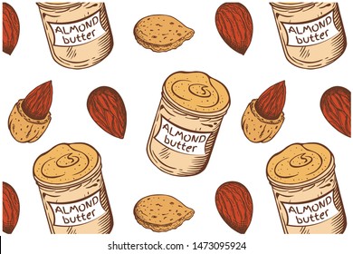 Vector Illustration Of Sketch Hand Drawn Pattern With Colorful Almond Nuts, Butter Isolated On White Background. Vintage Drawing, Organic, Vegan, Food Wallpaper. Line Art, Engraving Texture Nut Seeds.