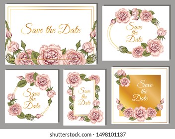 Vector illustration of sketch hand drawn wedding invitation card with vintage flowers, leaves and gold decoration isolated on a white background. Floral poster, greeting card. Rose, peony, botanical.