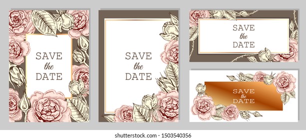 Vector illustration of sketch hand drawn set of vintage romantic wedding invitation, card, floral poster with pink flowers, leaves with gold element. Floral line art background, engraving rose, peony