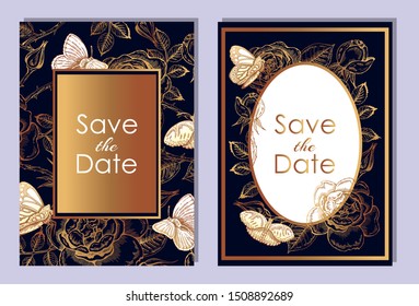Vector illustration of sketch hand drawn posters with gold flowers and butterflies. Vintage dark blue background, line art rose, peony, butterfly. Wedding invitation, flyer, save the date, template