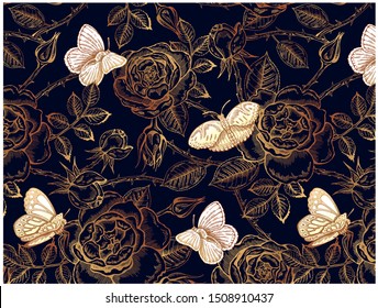 Vector illustration of sketch hand drawn vintage pattern with gold flowers and butterflies isolated on a dark blue background. Retro chalkboard, floral wallpaper with engraving rose, peony, butterfly.