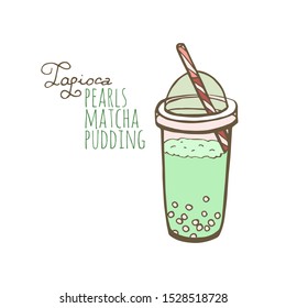 Vector illustration sketch. Hand drawn popular drink, Milk tea with tapioca pearls.