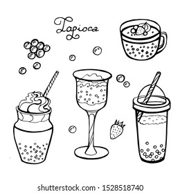 Vector illustration sketch. Hand drawn popular drink, Milk tea with tapioca pearls.