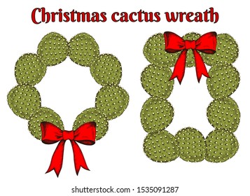 Vector illustration of sketch hand drawn Christmas cactus wreath with red bow isolated on white background. New Year holiday decoration in vintage engraving style. Christmas exotic tree
