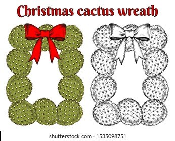 Vector illustration of sketch hand drawn Christmas cactus wreath with red bow isolated on white background. New Year holiday decoration in vintage engraving style. Christmas exotic tree