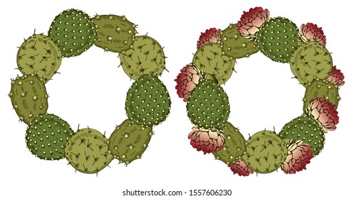 Vector Illustration Of Sketch Hand Drawn Cactus Wreath With Pink Flowers Isolated On White Background. Vintage Poster, Retro Frame, Engraving Green Cacti Plant. Texas. Arizona, Mexico, Spain