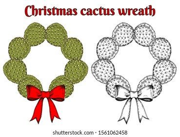 Vector illustration of sketch hand drawn Christmas cactus round wreath with red bow isolated on white background. New Year holiday decoration in vintage engraving style. Christmas exotic tree