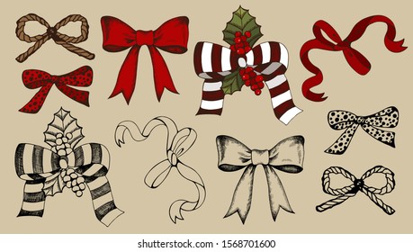 Vector illustration of sketch hand drawn set of Christmas red bows. Vintage elements for Holiday design, New Year background. Green mistletoe with berries, Holly berry, linear bow, ribbon .