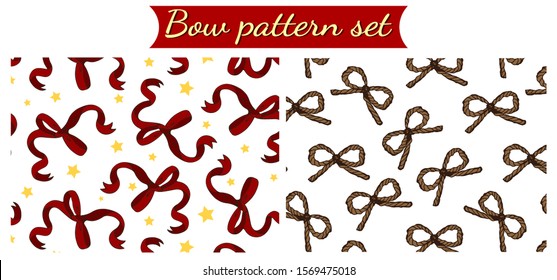 Vector illustration of sketch hand drawn set of bow pattern. Christmas, present wallpaper. Red ribbon and yellow star background. Jute rope. Engraving, line art vintage style