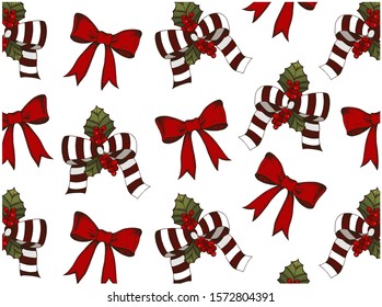 Vector illustration of sketch hand drawn Christmas vintage pattern with red bows, holly berry and mistletoe isolated on white background. Ribbon wallpaper for gift. Line art bow. New Year.