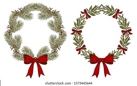 Vector illustration of sketch hand drawn set of Christmas wreath isolated on white background. New Year circle frame, green Christmas tree, fir, red bow, ribbon, pine in vintage line art style. 