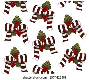 Vector illustration of sketch hand drawn pattern with red bows, holly berry and mistletoe isolated on white background. Vintage Christmas wallpaper. Engraving ribbon, line art bow, New Year.