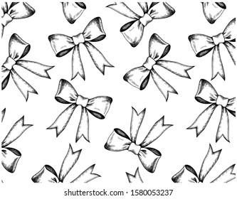 Dibujo vectorial de dibujo a mano con el dibujo de la vintage con el arco negro grabado aislado en fondo blanco. Presente papel tapiz de Navidad. Cinta retro de arte de línea