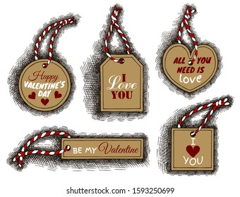 Vector Illustration of sketch hand drawn set of Happy Valentine's Day tag. I love you, All you need is love, Be my Valentine text. Engraving, line art label, sticker. Vintage, retro style. Heart shape
