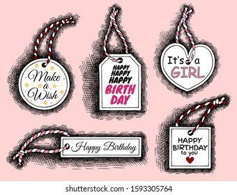 Vector illustration of sketch hand drawn set of vintage Happy Birthday tag icon. Black and pink text. Heart shape. It's a girl, Happy Birthday to you, Make a wish. Retro, engraving, line art backgroun