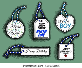 Vector illustration of sketch hand drawn set of Happy Birthday tag, label, card. Black and blue text. It's a boy, Make a wish, Happy Birthday to you. Vintage, retro, engraving, line art style.