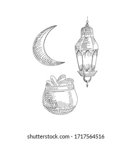 Vector illustration sketch of hand drawn Ramadan Kareem lantern with dates and moon