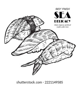 Vector illustration of sketch hand drawn set of sushi menu. Japanese, Chinese, Korean, asian food. Wasabi, ginger, soy sauce, onigiri, rice, fish, salmon, eel, avocado, caviar, roll, shrimp, sashimi.