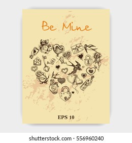 Vector illustration sketch hand drawn elements. Romantic, love, hearts, sweets, flowers, gifts. Card Valentine's day.