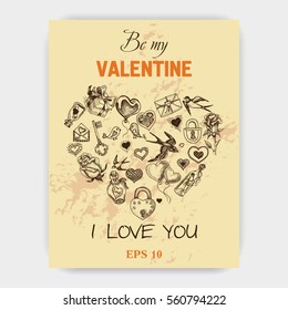 Vector illustration sketch hand drawn elements. Romantic, love, hearts, sweets, flowers, gifts. Card Valentine's day.
