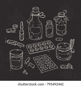 Vector illustration sketch hand, set of medical drugs, bottles of medicines and tablets on black background