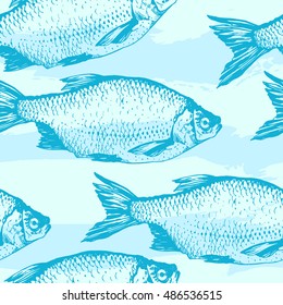Vector illustration with sketch. Hand-drawn seamless background blue color. Rudd fish. Seafood pattern.