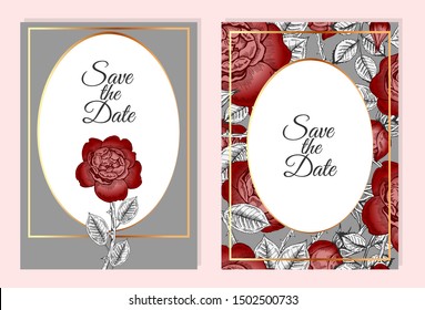 Vector illustration of sketch hand-drawn set of wedding invitation card template design with red flowers in vintage style. Peony and rose flower frame, floral background with gold lines.