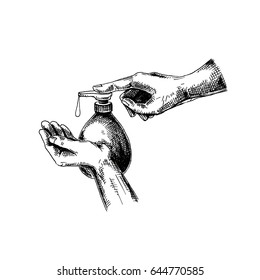 Vector illustration of a sketch of hands. Hands with detergent.