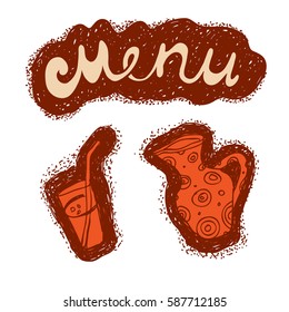Vector illustration sketch of a hand-written menu word. Pitcher and glass with a cocktail