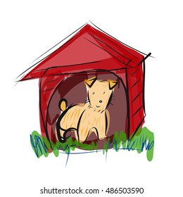 Vector illustration sketch happy dog in doghouse on grass isolated on white.