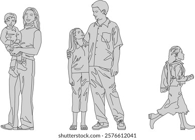 vector illustration of a sketch of a happy family silhouette in fashionable fashion enjoying togetherness