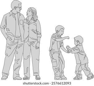 vector illustration of a sketch of a happy family silhouette in fashionable fashion enjoying togetherness