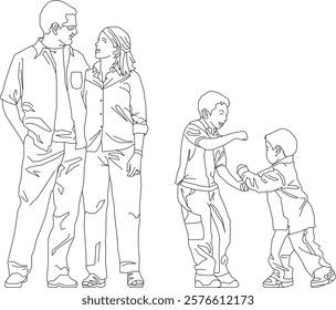 vector illustration of a sketch of a happy family silhouette in fashionable fashion enjoying togetherness