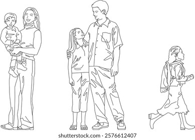 vector illustration of a sketch of a happy family silhouette in fashionable fashion enjoying togetherness