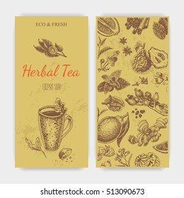 Vector illustration sketch - herbal tea - cup, berry , raspberry, wild rose, linden, mint, chamomile, Jasmine, cardamom, Soursop, cloves, lemon, ginger, bergamot, cinnamon