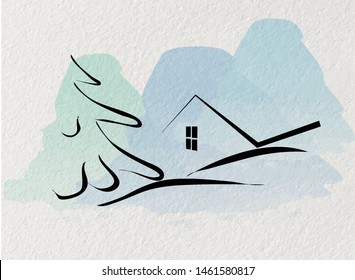 Vector illustration ,Sketch home and Pine Hill snow drawing and painting on taxture paper