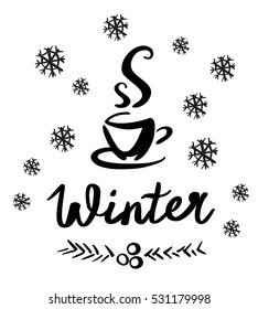 Vector illustration of a sketch hot coffee with simple text