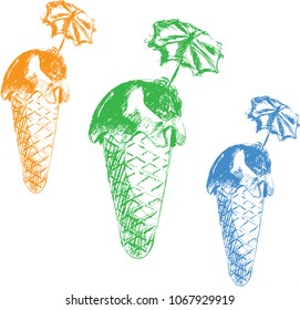 Vector illustration: sketch of ice cream drawn in pencil. Pencil-drawn ice cream in a waffle Cup with an umbrella.Hand-drawn illustration of ice cream in an engraved style.
