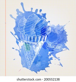 Vector illustration. Sketch. Ice cream, on background colored watercolor splashes