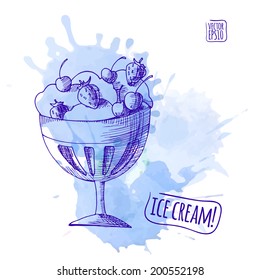 Vector illustration. Sketch. Ice cream, on background colored watercolor splashes