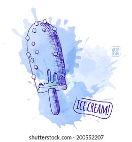 Vector illustration. Sketch. Ice cream, on background colored watercolor splashes