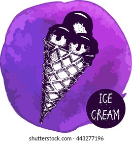 Vector illustration. Sketch of ice cream on a watercolor background. Elements for menu design. Dessert three balls in a waffle cone.