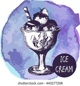 Vector illustration. Sketch of ice cream on a watercolor background. Elements for menu design. Sweet dessert.