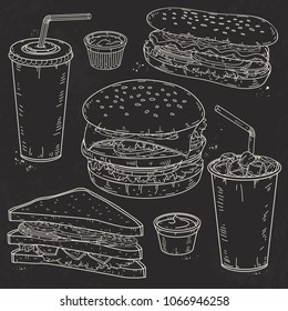 Vector illustration, sketch icons, set fast food, hamburger, hot dog, drinks and sandwich on black background
