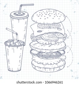 Vector illustration, sketch icons, set fast food, hamburger and drinks are painted on a sheet of paper in a cage