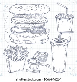 Vector illustration, sketch icons, set fast food, hot dog, drinks and fries are painted on a sheet of paper in a cage