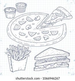 Vector illustration, sketch icons, set fast food, pizza, sandwiches and fries are painted on a sheet of paper in a cage