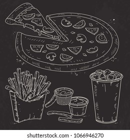 Vector illustration, sketch icons, set fast food, pizza, sauce and fries on black background